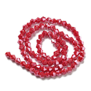 Bicone Beads Faceted. Pearl Luster Plated Red.  (4 x 4mm)  (approx 80 beads on a 14" strand)