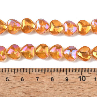 Electroplated Transparent Glass Beads Strand, Heart, AB Color Plated, Orange, 9.5x10.5x6mm, Hole: 0.7mm.  (15 beads/ Strand)