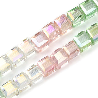 Electroplate Transparent Glass Beads Strands, Cude, Faceted, Colorful, 5~6x5.5~6x5.5~6mm, Hole: 1.2mm.  Approx 30 Beads.