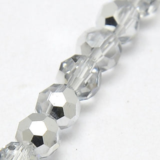 8mm-H02 Electroplate Glass Beads Strands, Half Plated, Faceted(32 Facets), Round, Silver Plated, 8mm, Hole: 1mm.  (Approx 30 Beads)