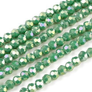 Glass Faceted 4mm ROUND Beads.  *Full Rainbow Plated Electroplate.  Medium Sea Green *approx 100 Beads.