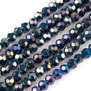 Glass Faceted 4mm ROUND Beads.  *Full Rainbow Plated Electroplate.  Marine Blue *approx 100 Beads.