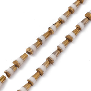 Electroplate Glass Beads Strands, Half Golden Plated, Faceted Cone, White, 7.5~8x4~4.5mm, Hole: 0.8mm, about 34~35pcs/strand, 11.42~11.81...