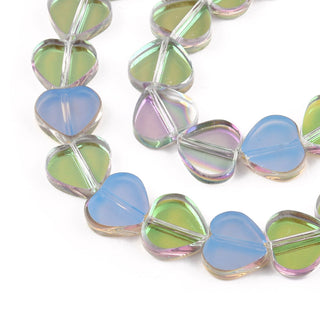Transparent Electroplate Glass Beads Strands, Half Plated, Heart, Light Green, 9.5x10.5x3mm, Hole: 0.8mm.  (Approx 30 Beads)