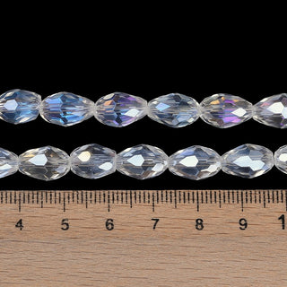 Transparent Electroplate Glass Beads Strands, AB Color Plated, Faceted, Teardrop, Clear, 8x6mm, Hole: 1.2mm.  Approx 32 beads.