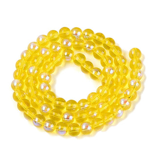 Transparent Electroplate Glass Beads Strands, Round, Rainbow Plated, Half Plated, Golden Yellow, 6~6.5mm, Hole: 0.8~1mm, about 67~72pcs/strand