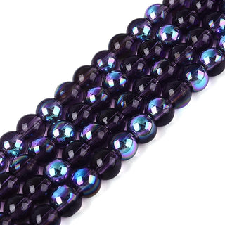 Transparent Electroplate Glass Beads Strands, Round, Rainbow Plated, Half Plated, Dark Violet, 6~6.5mm, Hole: 0.8~1mm, about 67~72pcs/strand.