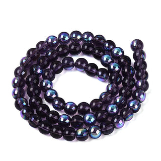 Transparent Electroplate Glass Beads Strands, Round, Rainbow Plated, Half Plated, Dark Violet, 6~6.5mm, Hole: 0.8~1mm, about 67~72pcs/strand.