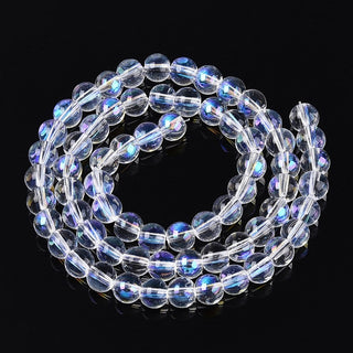 Transparent Electroplate Glass Beads Strands, Round, Rainbow Plated, Half Plated, Clear, 6~6.5mm, Hole: 0.8~1mm, about 67~72pcs/strand