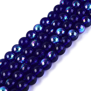 Transparent Electroplate Glass Beads Strands, Round, Rainbow Plated, Half Plated, Midnight Blue, 6~6.5mm, Hole: 0.8~1mm, about 67~72pcs/strand.