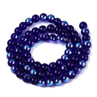 Transparent Electroplate Glass Beads Strands, Round, Rainbow Plated, Half Plated, Midnight Blue, 6~6.5mm, Hole: 0.8~1mm, about 67~72pcs/strand.
