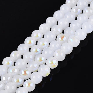 Electroplate Imitation Jade Glass Beads Strands, Round, Rainbow Plated, Half Plated, White, 6~6.5mm, Hole: 0.8~1mm, about 67~72pcs/strand, 14.57~15.35 inch(37~39cm)