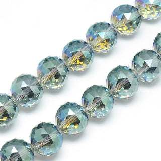 Electroplate Glass Bead Strands, Rainbow Plated, Faceted, Round, Pale Turquoise, 15~16x16mm, Hole: 2mm, (10 Beads)