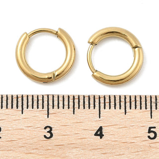 Ion Plating(IP) 304 Stainless Steel Hoop Earrings, Manual Polishing Huggie Earrings, Real 18K Gold Plated, 12 Gauge, 12x2mm, Pin: 0.8mm.  (Sold per Pair)