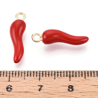 Alloy Enamel Pendants, Horn of Plenty/Italian Horn Cornicello Charms, Golden, FireBrick, 19.5x5.5x5mm, Hole: 1.6~1.8mm (Sold Individually)