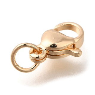304 Stainless Steel Lobster Claw Clasps, with Brass Jump Ring, , Light Gold Color, 13mm.  (Packed 10 Clasps)