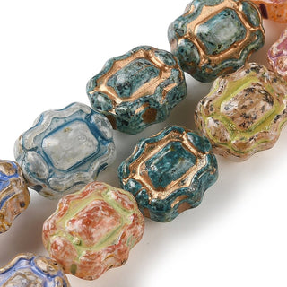 Painted Glass Bead Strands, Golden Metal Enlaced, Rectangle, Mixed Colors, 12.5~13x10.5~11x7~7.5mm, Hole: 1mm,  (Approx 15 Beads)