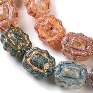 Painted Glass Bead Strands, Golden Metal Enlaced, Rectangle, Mixed Colors, 12.5~13x10.5~11x7~7.5mm, Hole: 1mm,  (Approx 15 Beads)