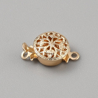 Alloy Box Clasps, Flat Round, Real 14K Gold Plated, 13.5x9x5mm, Hole: 1.2mm.  Sold Individually.