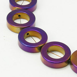 Hematite (Vivid Purple Electroplated Holed Donuts) 14mm diam. (Non Magnetic)  15" Strand