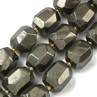 Natural Gold Pyrite/Golden Pyrite Beads Strands, Faceted Barrel Beads, with Seed Beads, 19.5~21x15~17x15~17mm, Hole: 1.2~1.4mm,