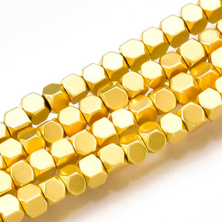 Electroplate Non-magnetic Hematite Beads Strands, Faceted Cube, Golden Plated, 2x2x2mm, Hole: 0.5mm, about 203pcs/strand, 16.5 inch