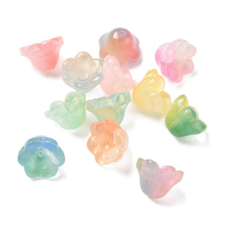 Transparent Glass Beads Caps, with Glitter Powder, Mixed Color, 12x8mm, Hole: 1.4mm,.  Flower.  (20 Mixed Color Beads)