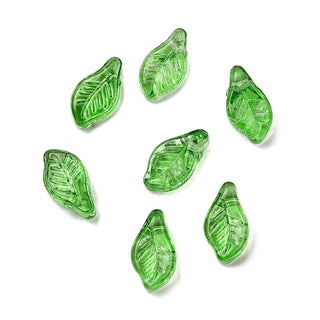 Glass Beads, Leaf, Green, 12x6.5x5mm, Hole: 0.8mm.  (50 Leaves/ strand)