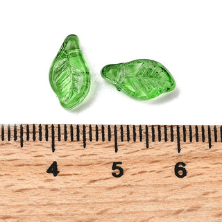 Glass Beads, Leaf, Green, 12x6.5x5mm, Hole: 0.8mm.  (50 Leaves/ strand)