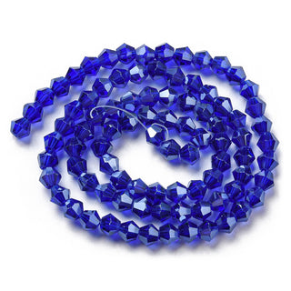 Transparent Electroplate Glass Beads Strands, Pearl Luster Plated, Faceted, Bicone, Dark Blue, 4x4mm, Hole: 0.8mm.  *Approx 90 Beads.