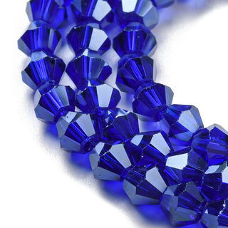 Transparent Electroplate Glass Beads Strands, Pearl Luster Plated, Faceted, Bicone, Dark Blue, 4x4mm, Hole: 0.8mm.  *Approx 90 Beads.