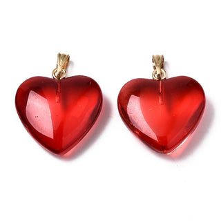 Transparent Spray Painted Glass Pendants, with Golden Plated Iron Bails, Heart, Red, 22x20.5x7mm.  Sold Individually.