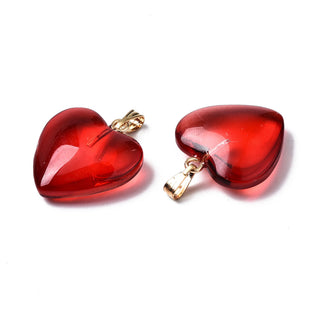 Transparent Spray Painted Glass Pendants, with Golden Plated Iron Bails, Heart, Red, 22x20.5x7mm.  Sold Individually.
