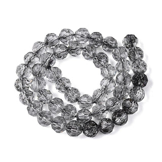 Glass (Smoky Blackish Grey) Crackle *Imitation Quartz Crystal Style.   Faceted (32 Facets)  Rounds 8mm (approx 24 beads)