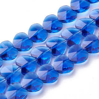 Transparent Glass Beads, Faceted, Heart, Blue, 14x14x8.5mm, Hole: 1mm, 10 beads.