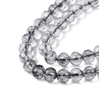 Glass (Smoky Blackish Grey) Crackle *Imitation Quartz Crystal Style.   Faceted (96 Facets)  Rounds 6mm (approx 35 beads)