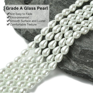 Glass Pearl teardrop, Beads Strands, White, 7x5mm, Hole: 1mm, about 56pcs/strand, 15.7 inch.