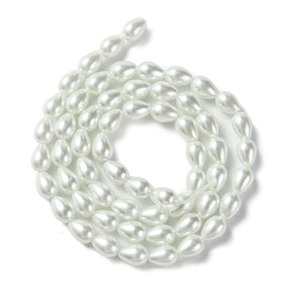 Glass Pearl teardrop, Beads Strands, White, 7x5mm, Hole: 1mm, about 56pcs/strand, 15.7 inch.