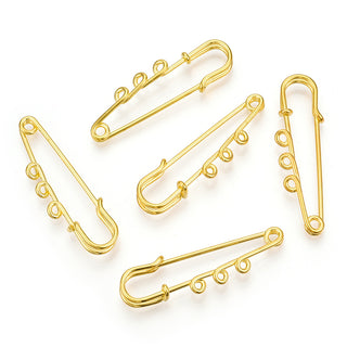 Iron Safety Pin Brooch Findings, 3 Loops Kilt Pins, Golden, 50x15x6.5mm, Hole: 2.7mm.  (Packed 5 Pins)