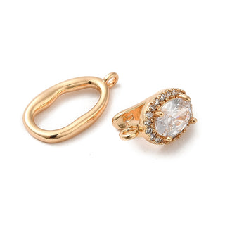 Brass Pave Cubic Zirconia Fold Over Clasps, Real 18K Gold Plated, Oval, Clear, Clasp: 12.7x8x8.5mm, Hole: 1mm, Ring: 16x9x2mm, Hole: 1mm