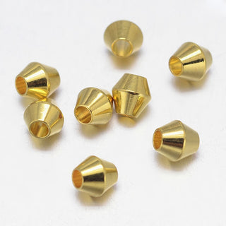 Brass Spacer Beads, Bicone, Golden, 4x4mm, Hole: 2mm (Packed 25 Beads)