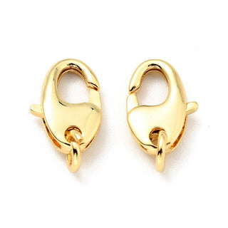 Brass Lobster Claw Clasps, with Open Jump Rings, Cadmium Free & Lead Free, Oval, Real 18K Gold Plated, 11x7x2.5mm.  (Packed 2 clasps)