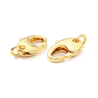 Brass Lobster Claw Clasps, with Open Jump Rings, Cadmium Free & Lead Free, Oval, Real 18K Gold Plated, 11x7x2.5mm.  (Packed 2 clasps)