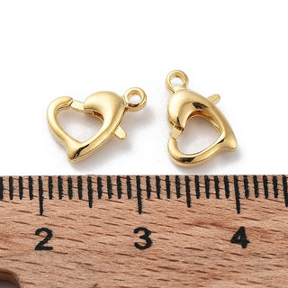 Brass Lobster Claw Clasps, Heart, 18K Gold Plated, 10x7x2.5mm, Hole: 1.2mm.  Packed 10