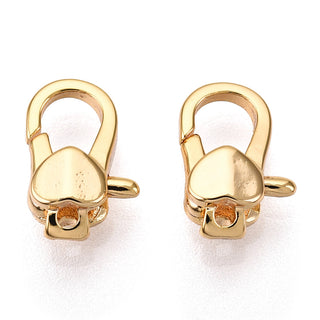Brass Heart Lobster Claw Clasps, Real 18K Gold Plated, 11x7.5x4mm, Hole: 1.2mm. Packed 2 Clasps.