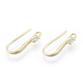 Brass Earring Hooks, with Crystal Rhinestone, Nickel Free, Real 14K Gold Plated, 19 Gauge(0.9mm), 19mm.  (Packed 2 Pair)