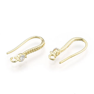 Brass Earring Hooks, with Crystal Rhinestone, Nickel Free, Real 14K Gold Plated, 19 Gauge(0.9mm), 19mm.  (Packed 2 Pair)