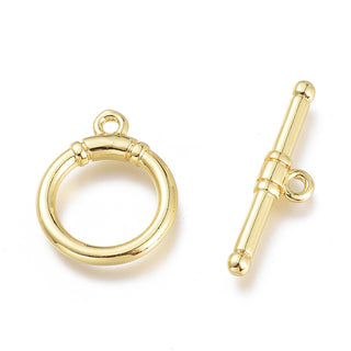 Brass Toggle Clasps, Cadmium Free & Lead Free, with Jump Ring, Long-Lasting Plated, Ring, Real 18K Gold Plated, Bar: 20x5x2mm, Hole: 1.2mm.  (sold individually)