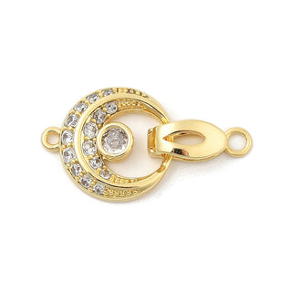 Brass Micro Pave Rhinestone Fold Over Clasp, Cadmium Free & Nickel Free & Lead Free, Moon, Real 18K Gold Plated, 26mm.  (Sold Individually)