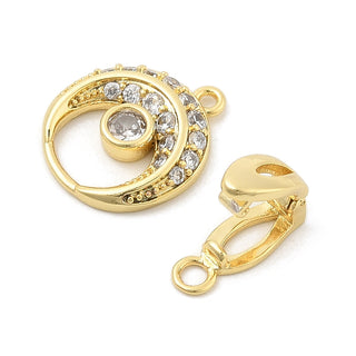 Brass Micro Pave Rhinestone Fold Over Clasp, Cadmium Free & Nickel Free & Lead Free, Moon, Real 18K Gold Plated, 26mm.  (Sold Individually)